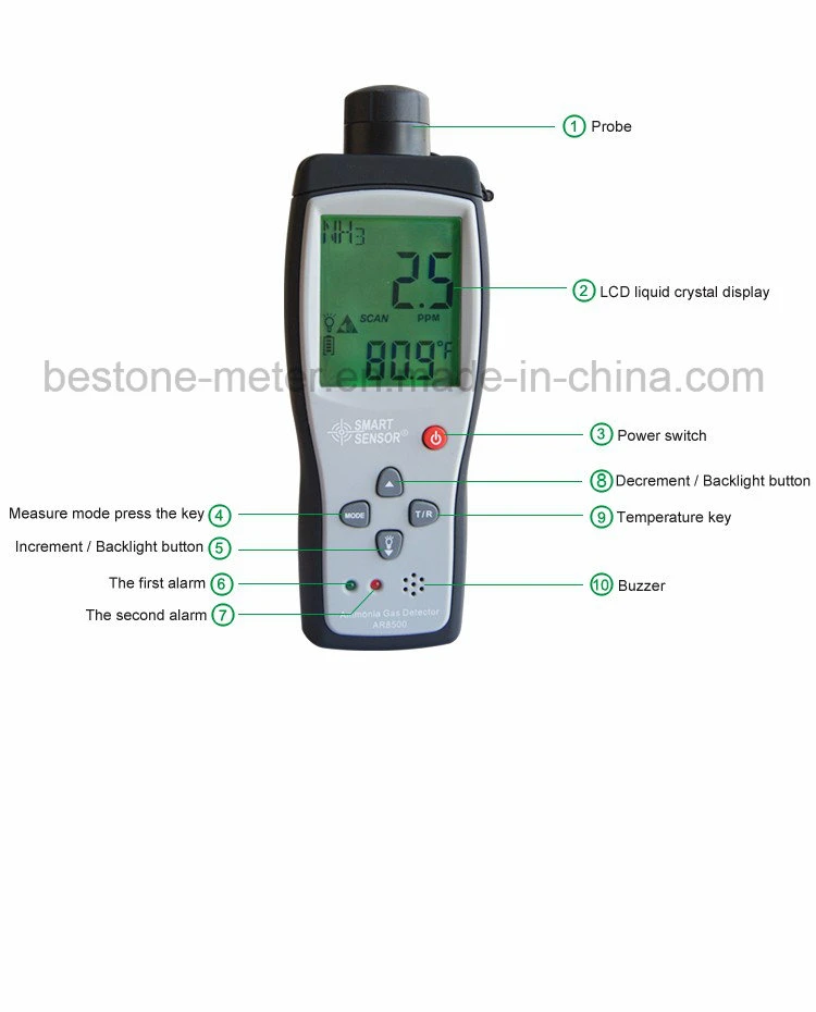 Smart Sensor Ar8500 OEM Manufacturer Industrial Handheld Nh3 Gas Detector Battery Powered Digital Ammonia Gas Leak Detector