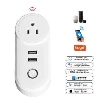 Smart Home 10A US White Tuya WiFi Telecomando vocale Smart Plug con 2 prese USB